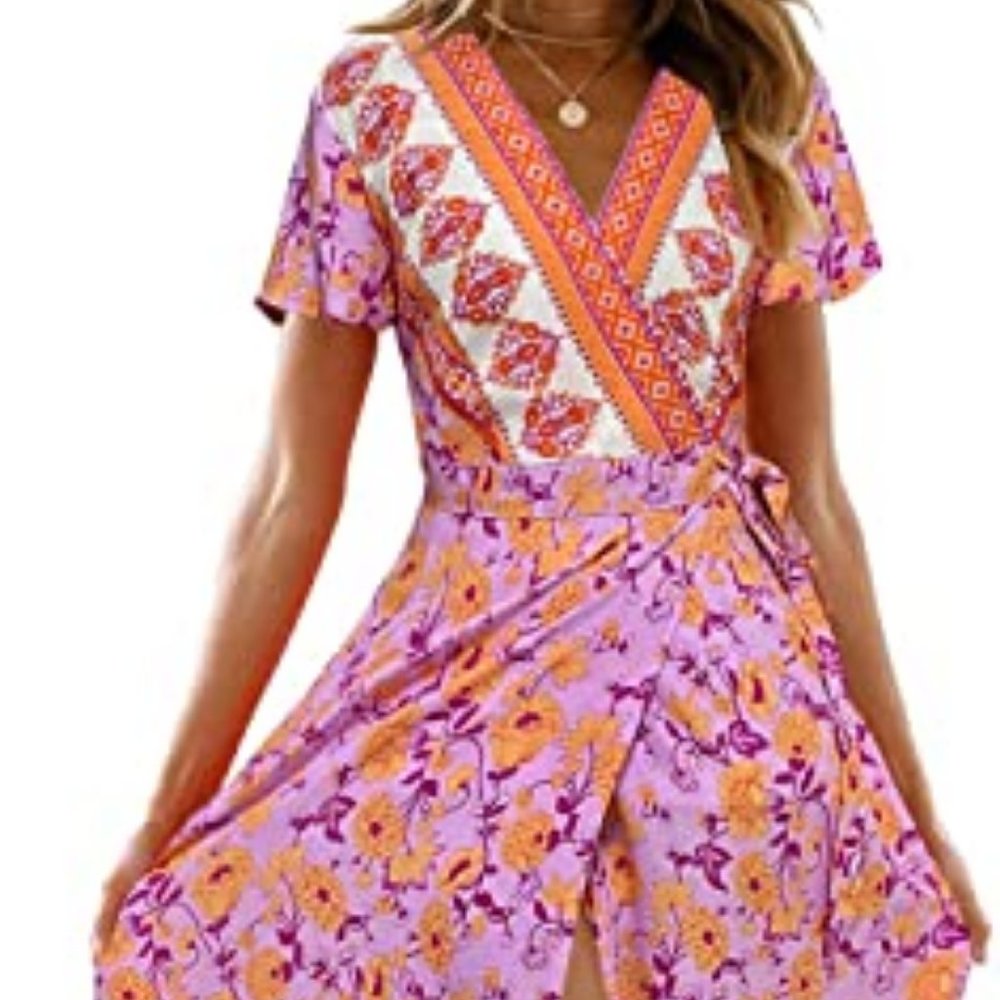 Bohemian Floral Printed Wrap V Neck Short Sleeve